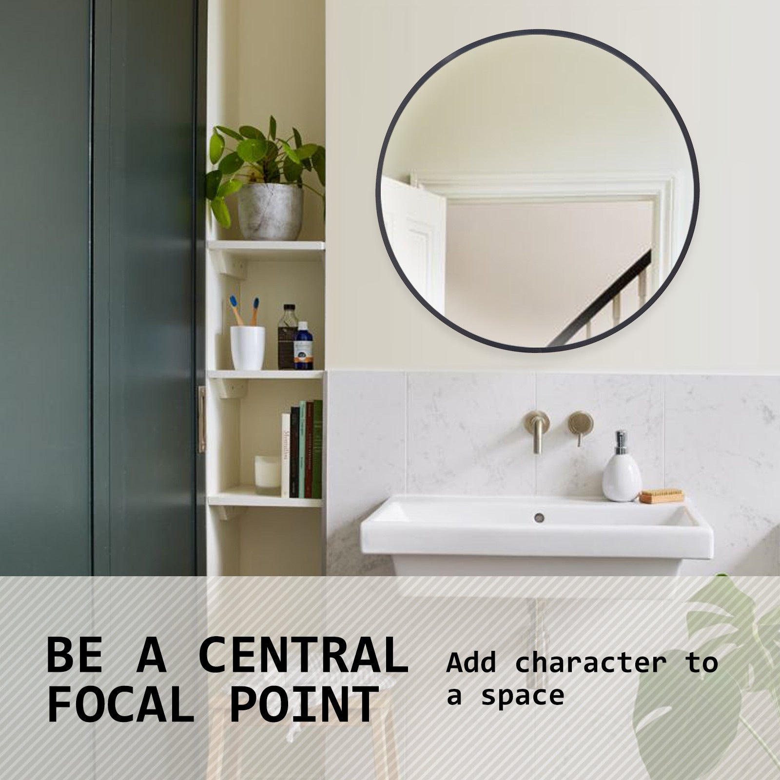 Black Wall Mirror Round Aluminum Frame Makeup Decor Bathroom Vanity 70cm - image7