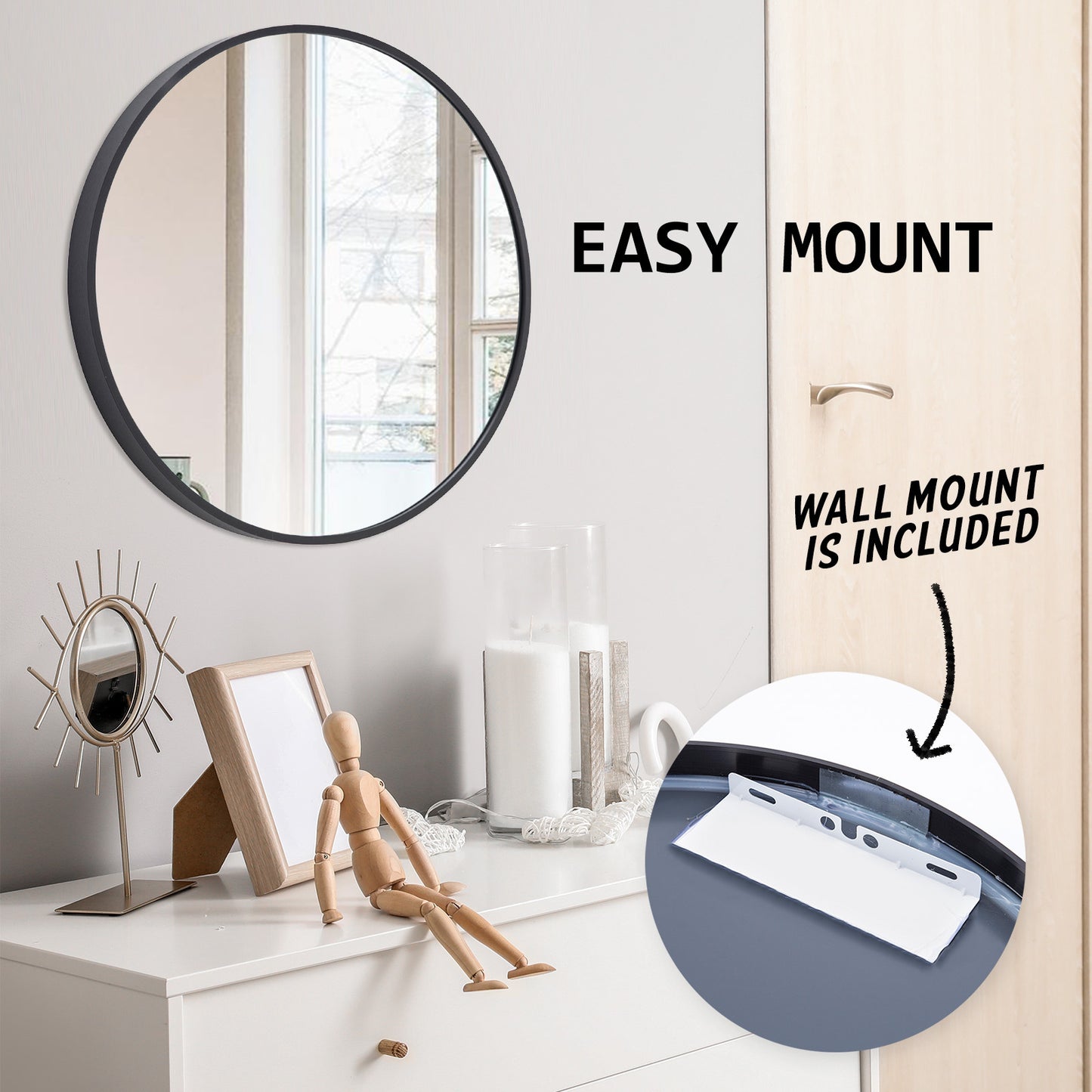 Black Wall Mirror Round Aluminum Frame Makeup Decor Bathroom Vanity 70cm - image11