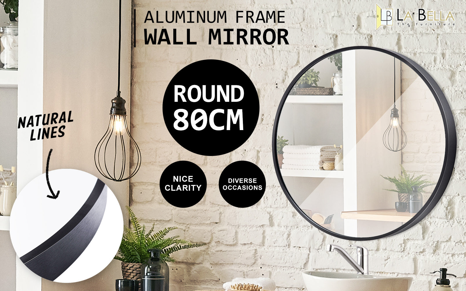 Black Wall Mirror Round Aluminum Frame Makeup Decor Bathroom Vanity 80cm - image2