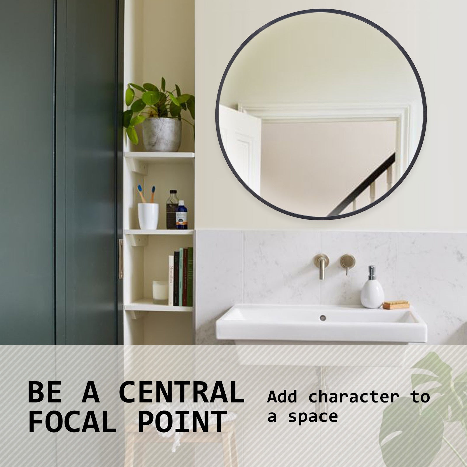 Black Wall Mirror Round Aluminum Frame Makeup Decor Bathroom Vanity 80cm - image7