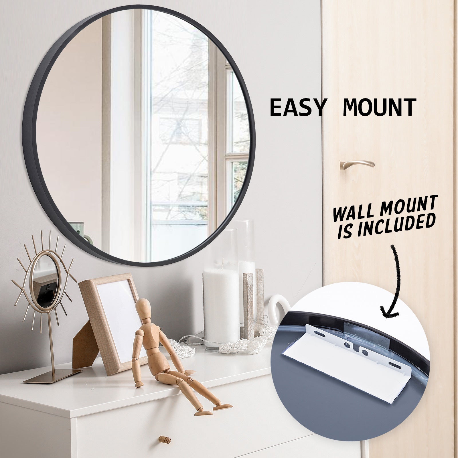 Black Wall Mirror Round Aluminum Frame Makeup Decor Bathroom Vanity 80cm - image11