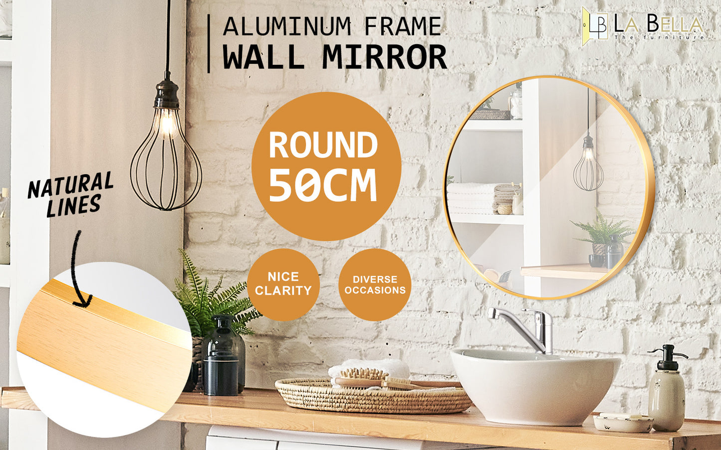 Gold Wall Mirror Round Aluminum Frame Makeup Decor Bathroom Vanity 50cm - image2