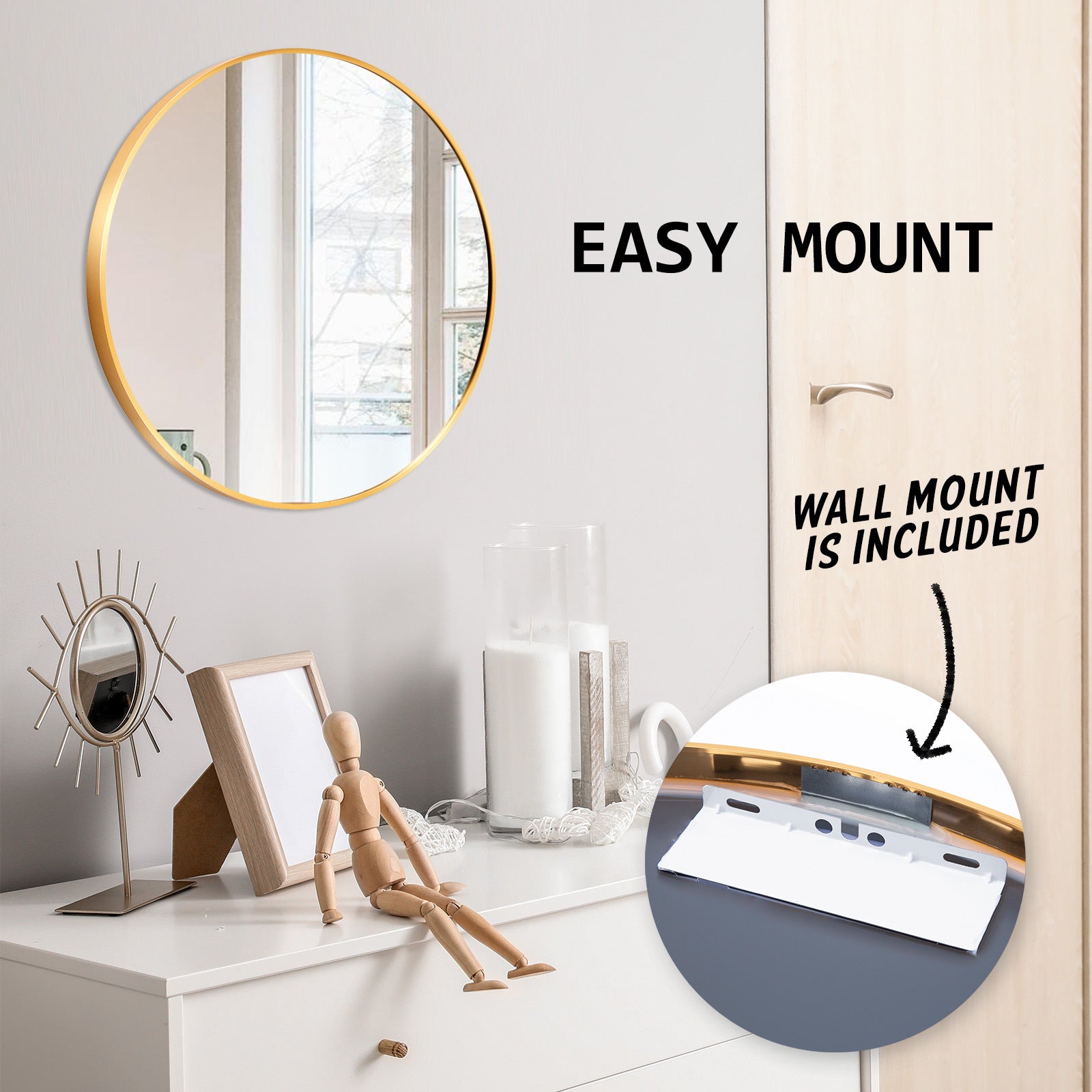 Gold Wall Mirror Round Aluminum Frame Makeup Decor Bathroom Vanity 50cm - image11