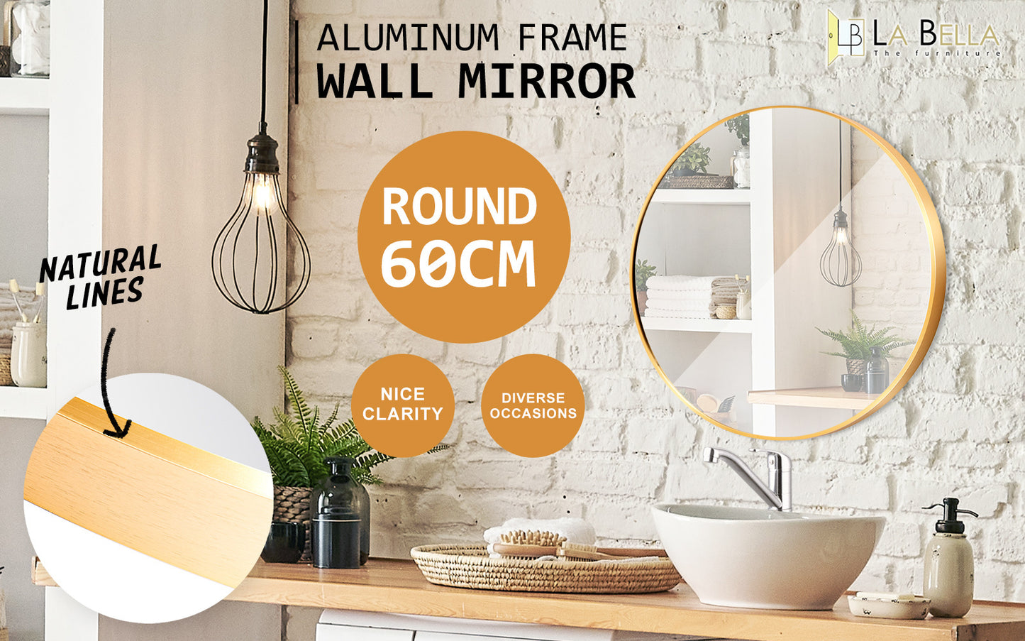 Gold Wall Mirror Round Aluminum Frame Makeup Decor Bathroom Vanity 60cm - image2