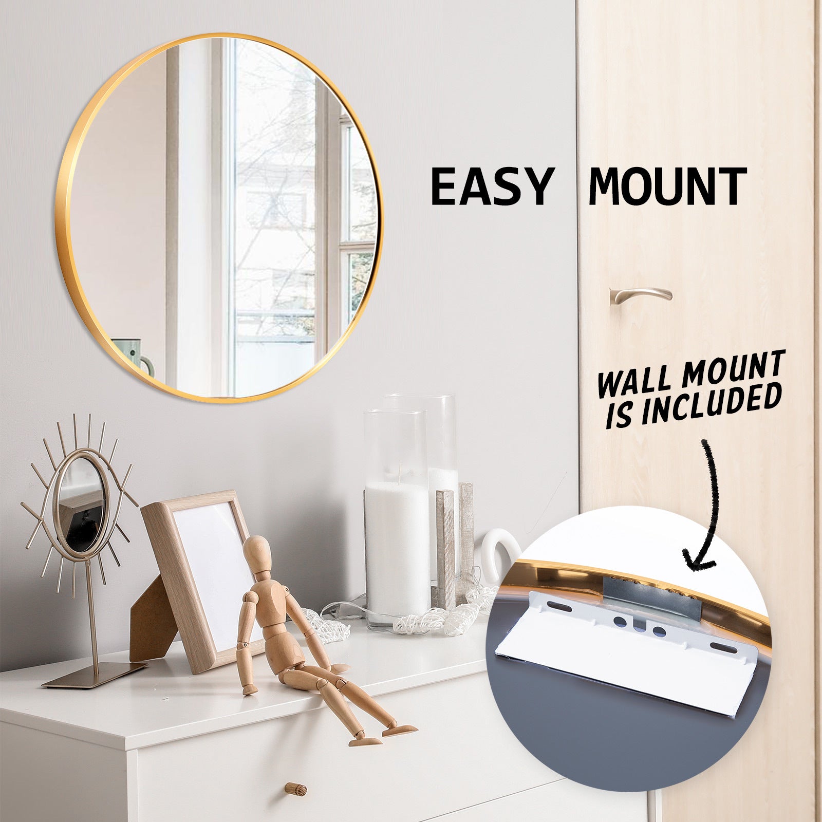 Gold Wall Mirror Round Aluminum Frame Makeup Decor Bathroom Vanity 60cm - image11
