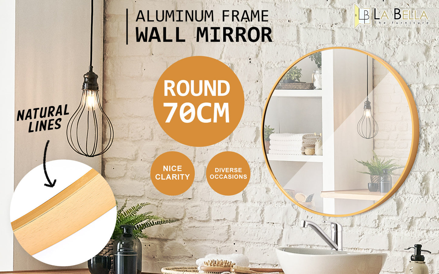 Gold Wall Mirror Round Aluminum Frame Makeup Decor Bathroom Vanity 70cm - image2