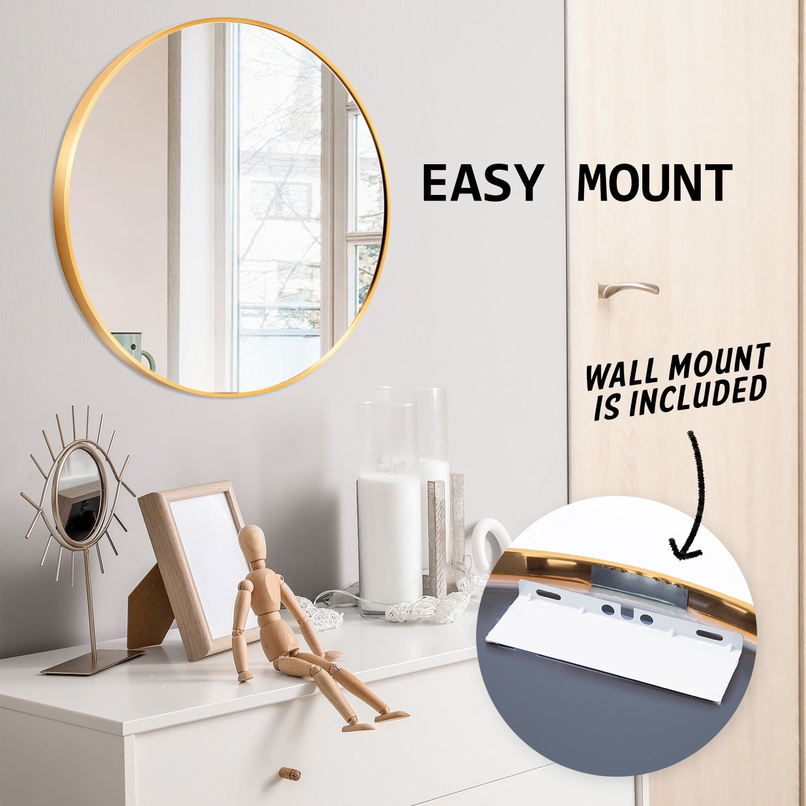 Gold Wall Mirror Round Aluminum Frame Makeup Decor Bathroom Vanity 70cm - image11