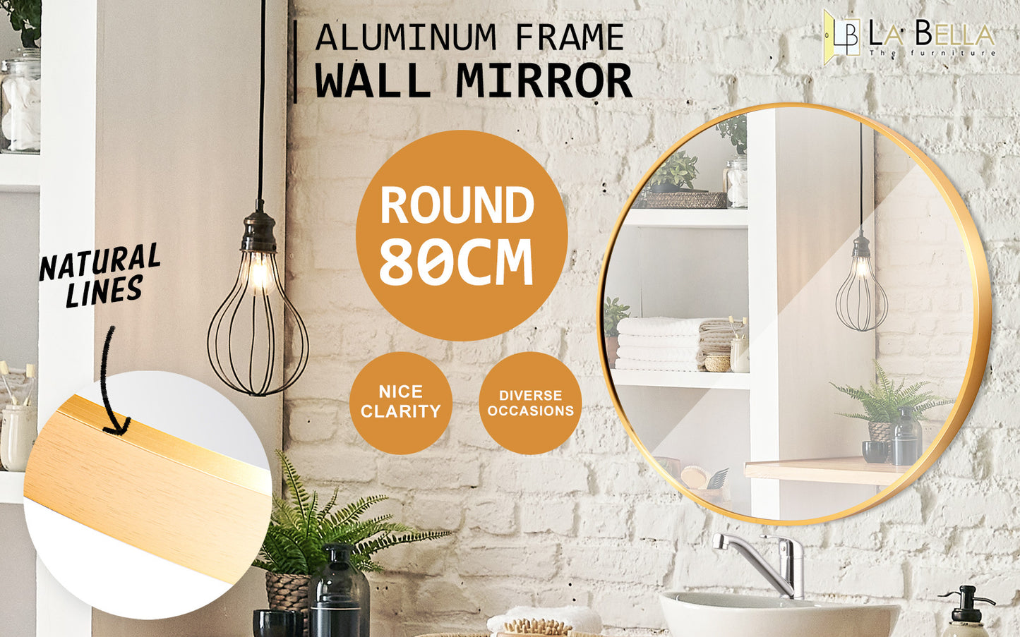 Gold Wall Mirror Round Aluminum Frame Makeup Decor Bathroom Vanity 80cm - image2