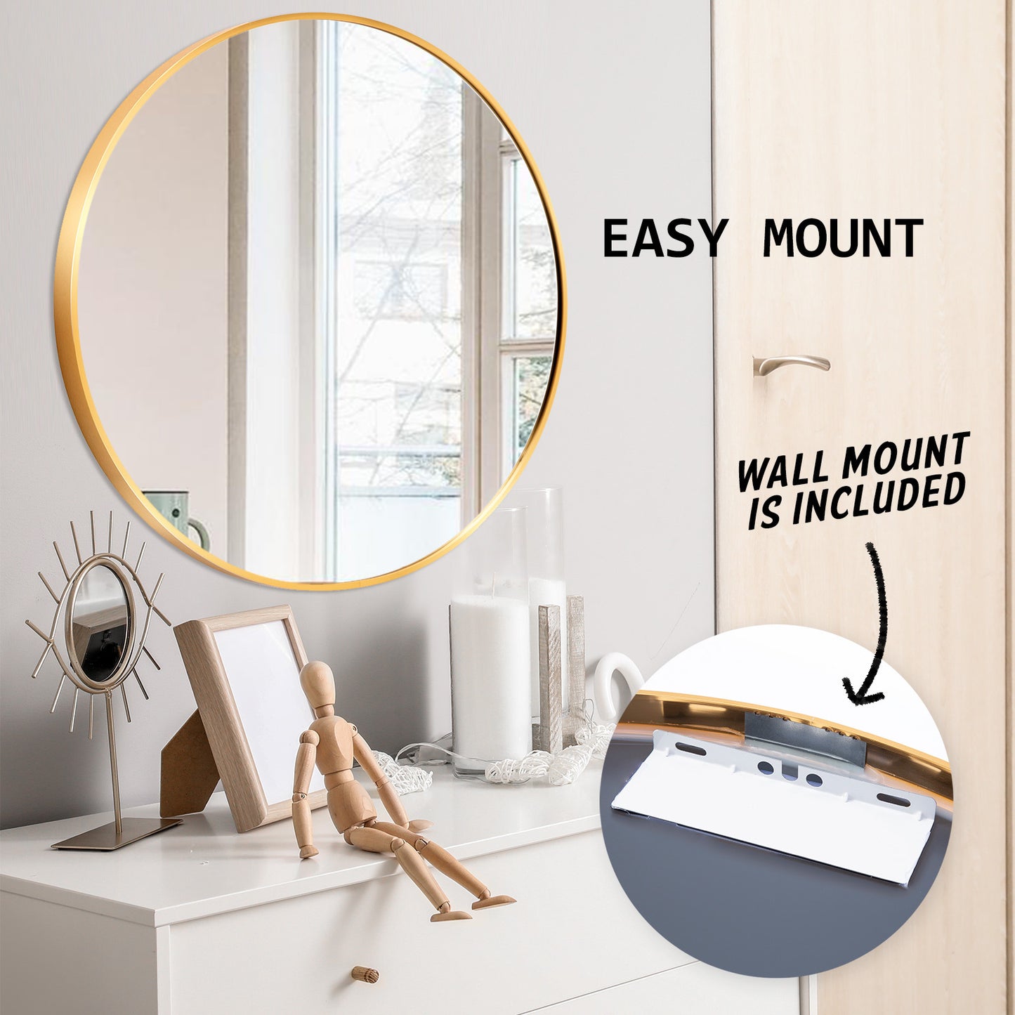 Gold Wall Mirror Round Aluminum Frame Makeup Decor Bathroom Vanity 80cm - image11