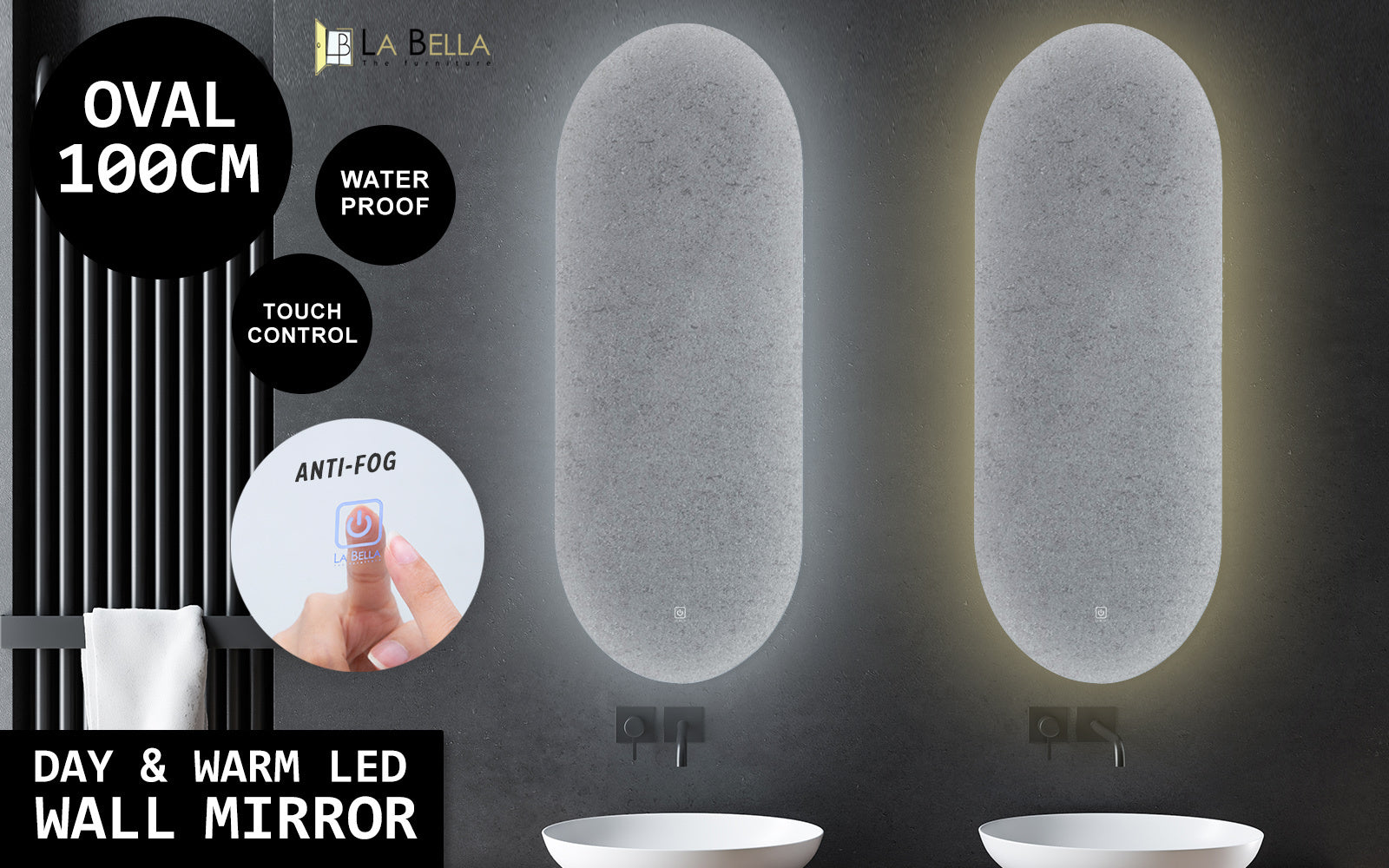 LED Wall Mirror Oval Touch Anti-Fog Makeup Decor Bathroom Vanity 45 x 100cm - image2