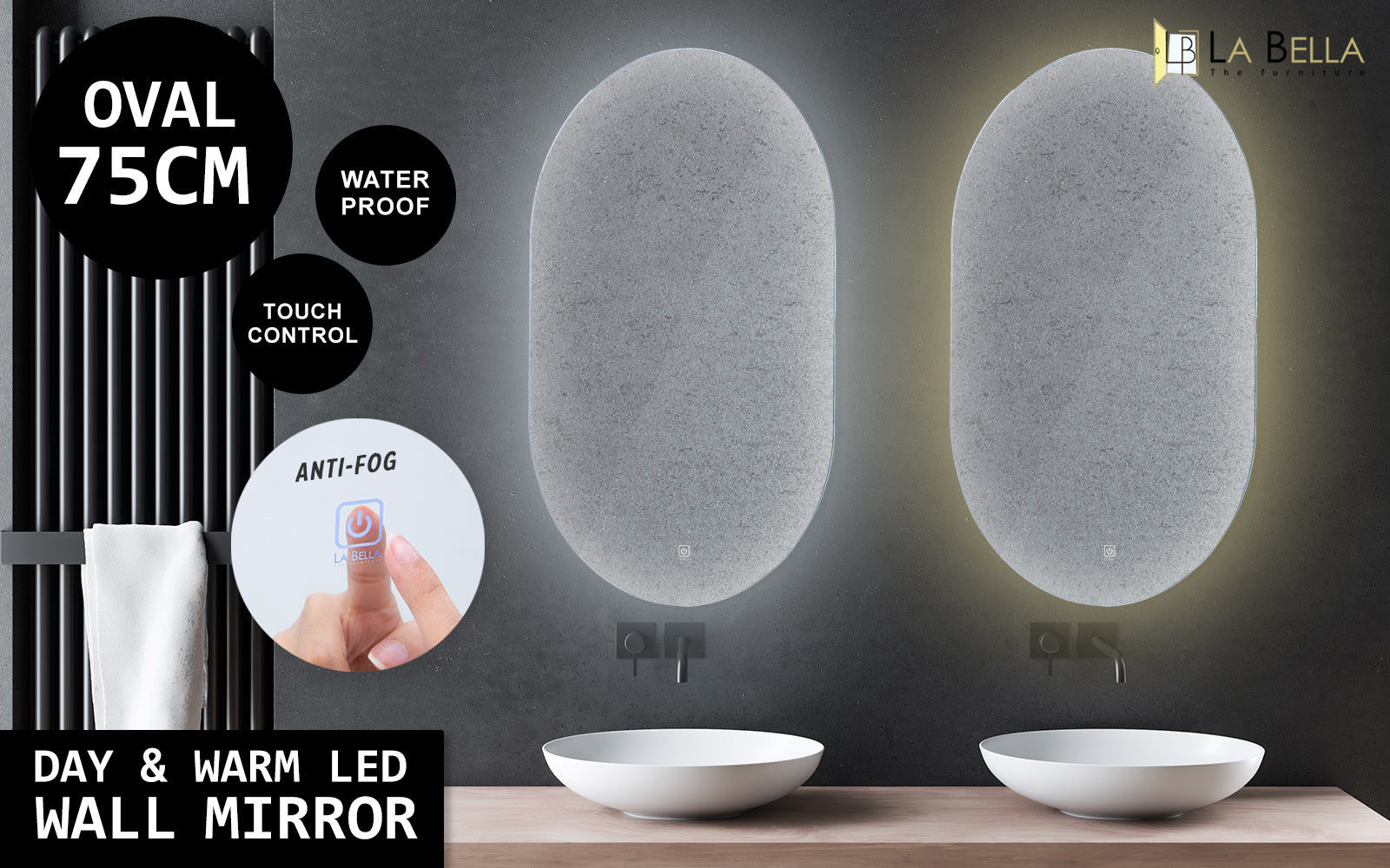 LED Wall Mirror Oval Touch Anti-Fog Makeup Decor Bathroom Vanity 50 x 75cm - image2