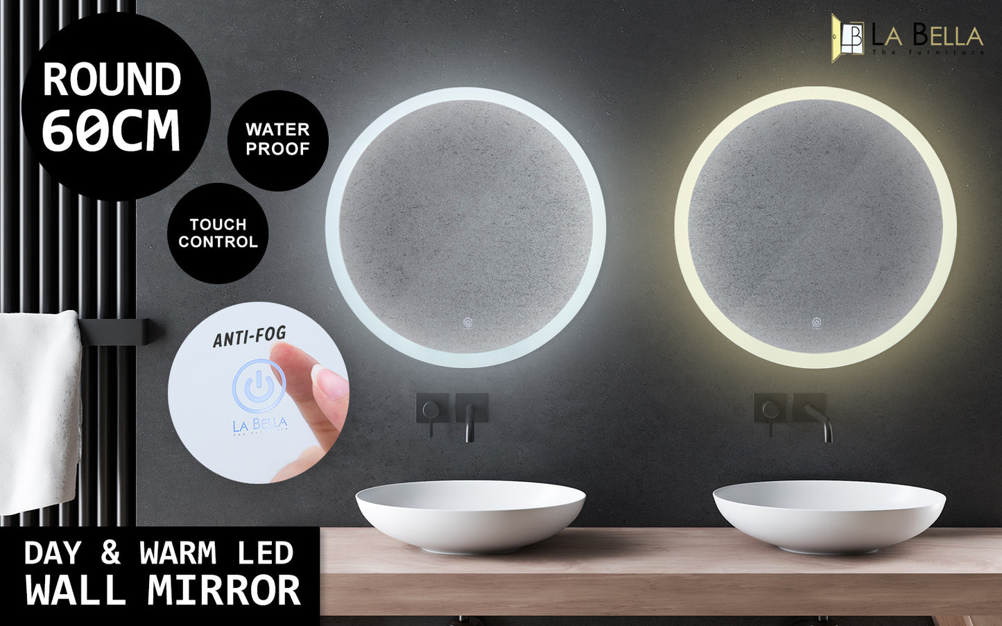 LED Wall Mirror Round Touch Anti-Fog Makeup Decor Bathroom Vanity 60cm - image2