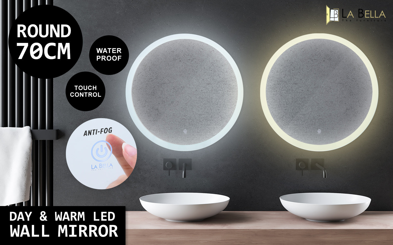 LED Wall Mirror Round Touch Anti-Fog Makeup Decor Bathroom Vanity 70cm - image2