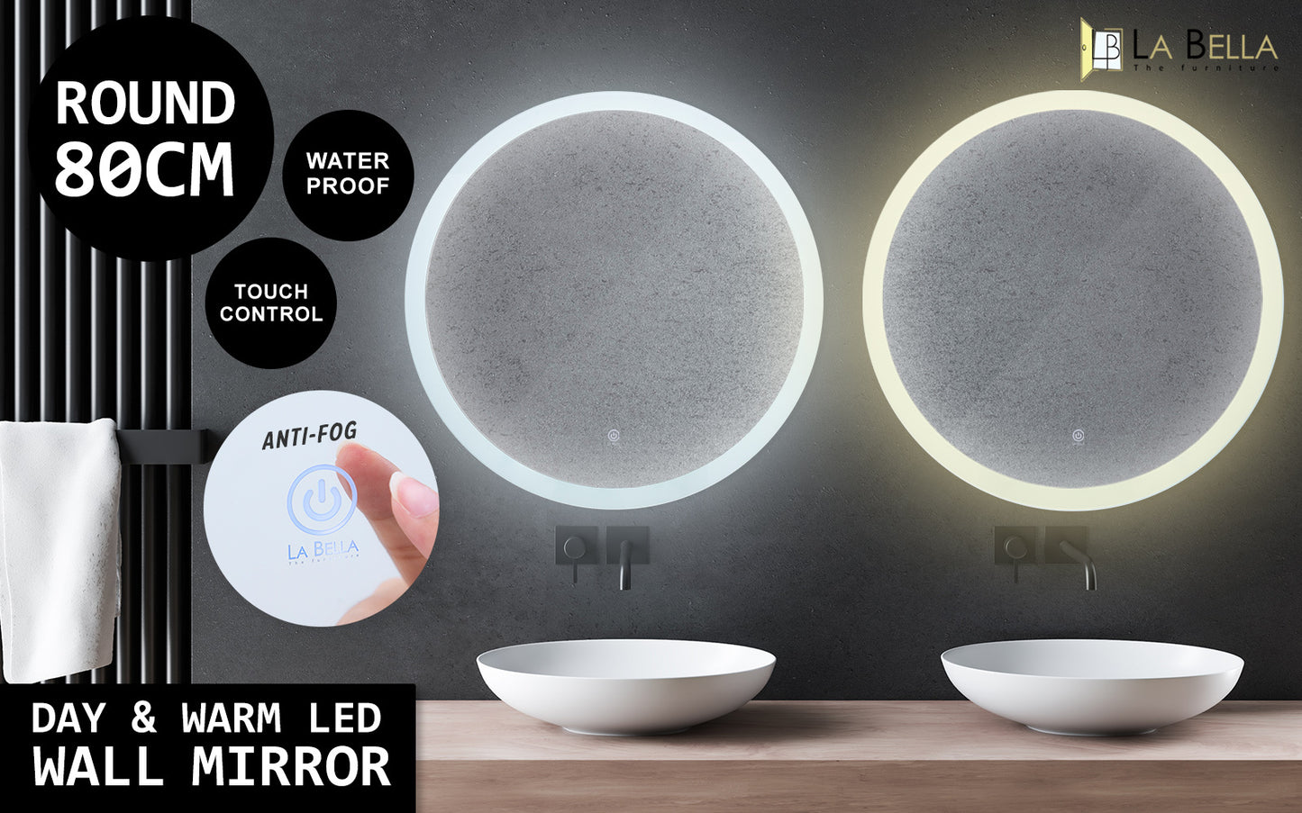 LED Wall Mirror Round Touch Anti-Fog Makeup Decor Bathroom Vanity 80cm - image2