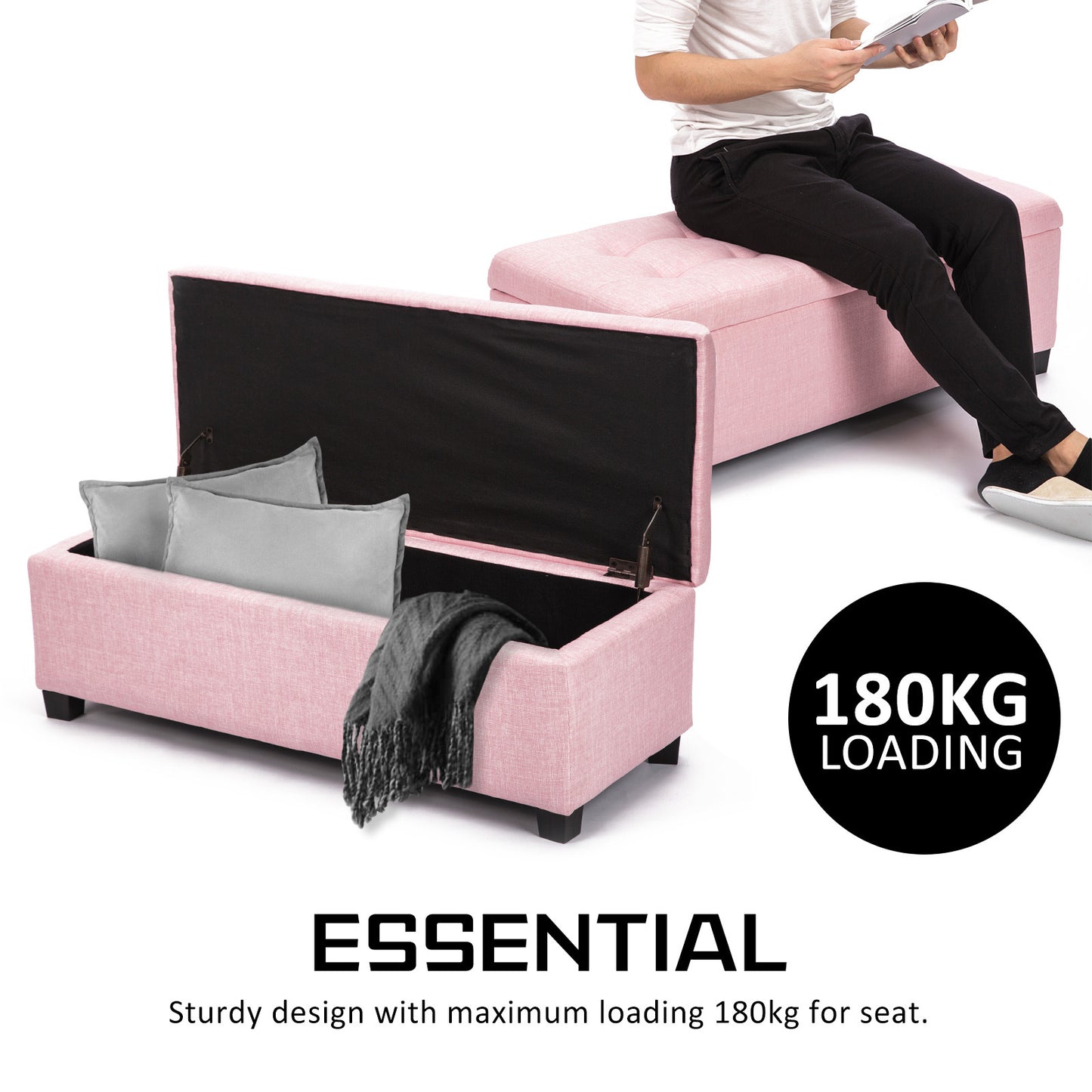 102cm Pink Storage Ottoman Stool Fabric - image5