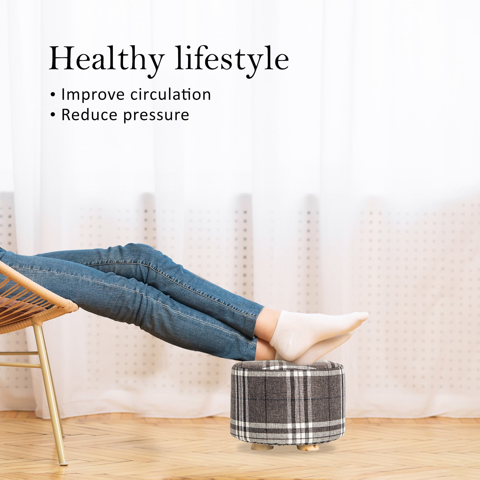 Lattice Fabric Ottoman Round Wooden Leg Foot Stool - image3