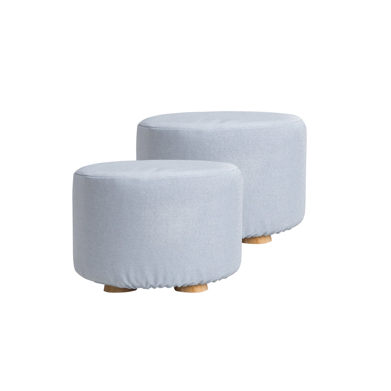 2 Set Light Blue Fabric Ottoman Round Wooden Leg Foot Stool - image1