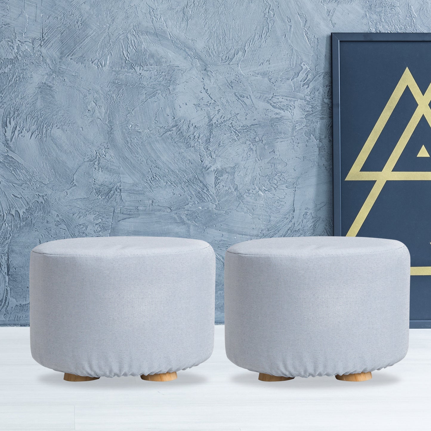 2 Set Light Blue Fabric Ottoman Round Wooden Leg Foot Stool - image11