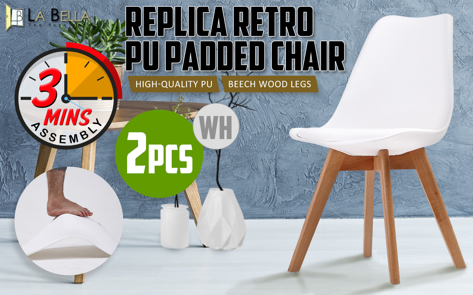 2 Set White Retro Dining Cafe Chair Padded Seat - image2