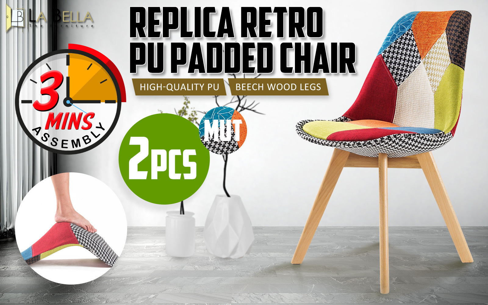 2 Set Multi Colour Retro Dining Cafe Chair Padded Seat - image2