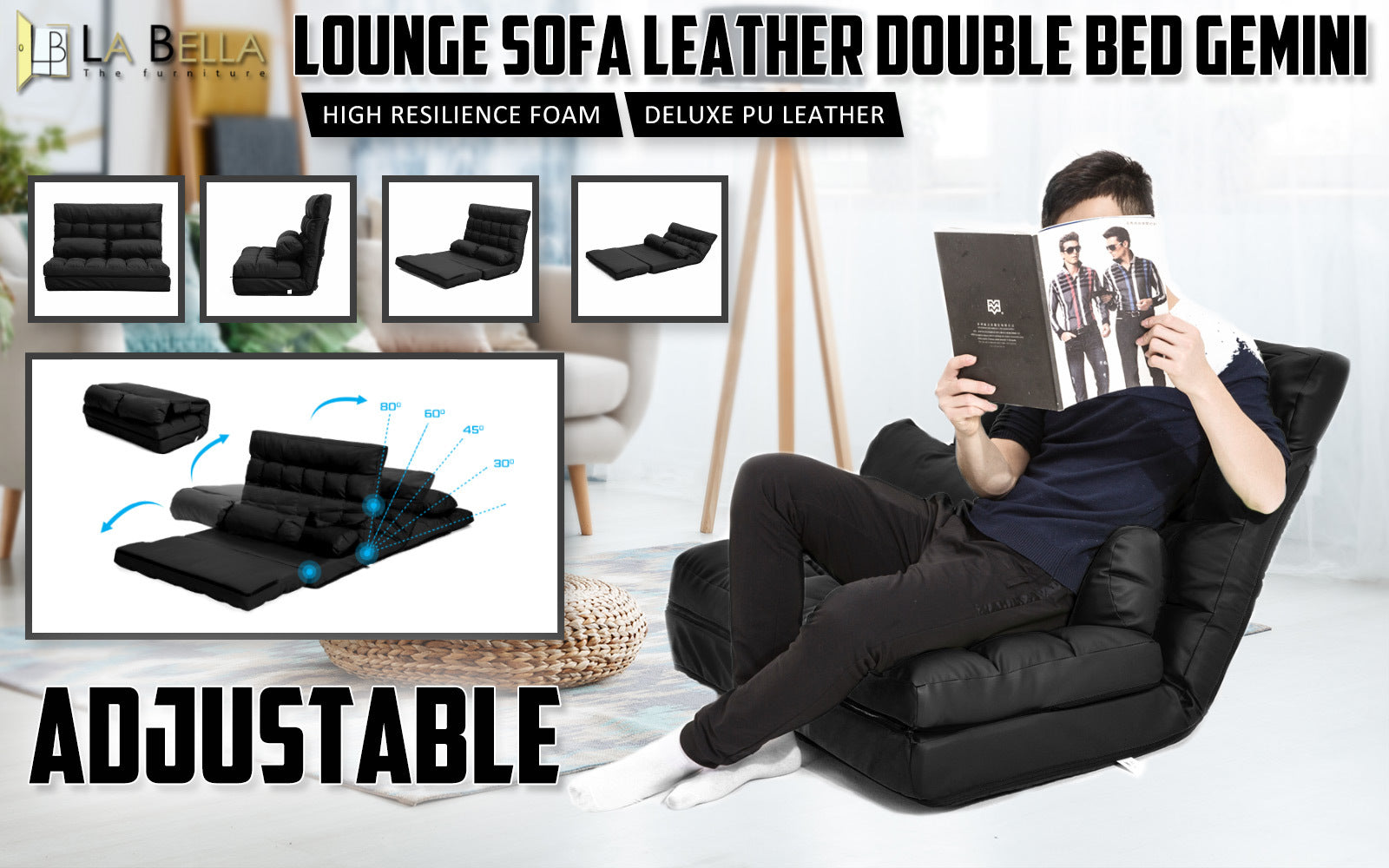 Double Seat Couch Bed Black Sofa Gemini Leather - image2