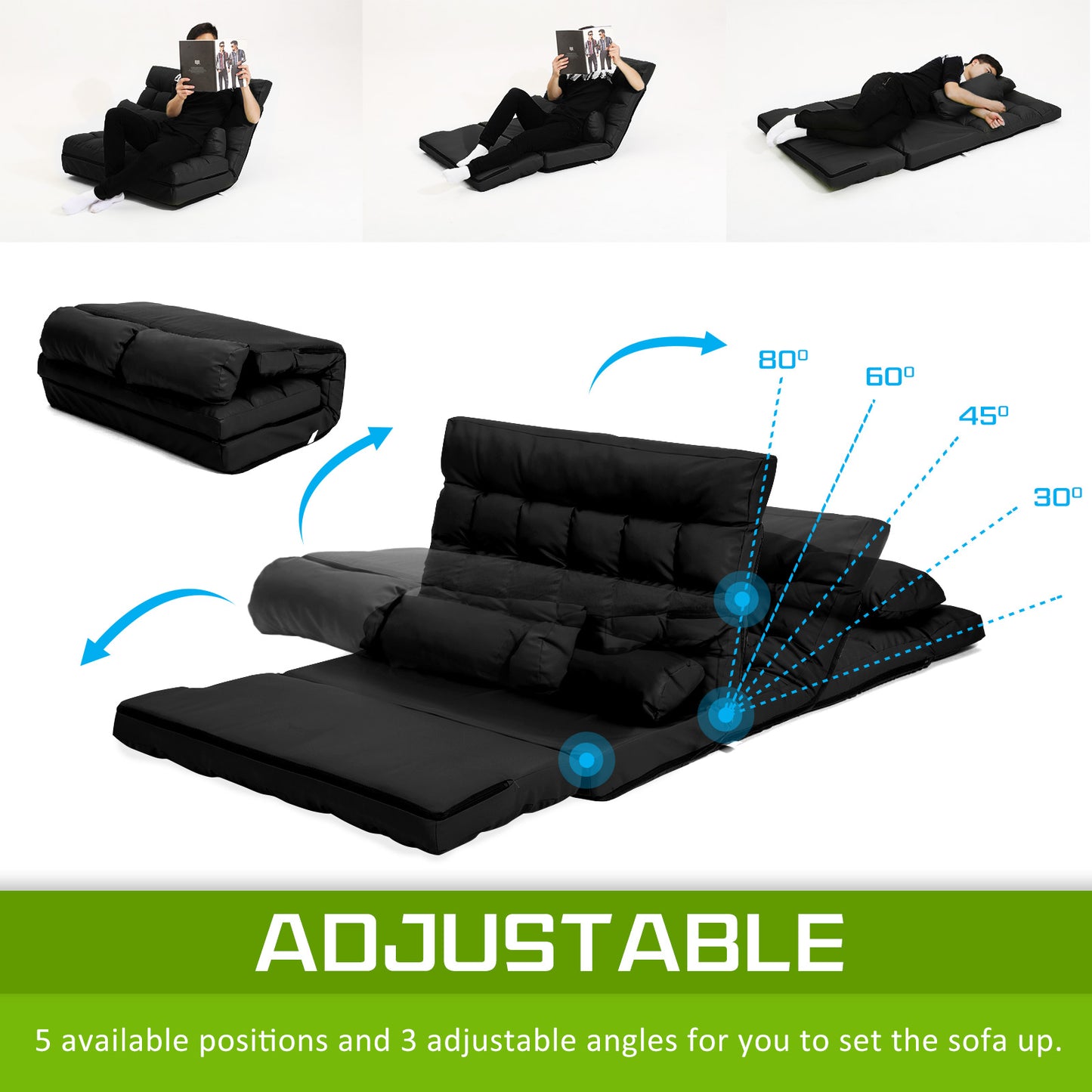 Double Seat Couch Bed Black Sofa Gemini Leather - image10