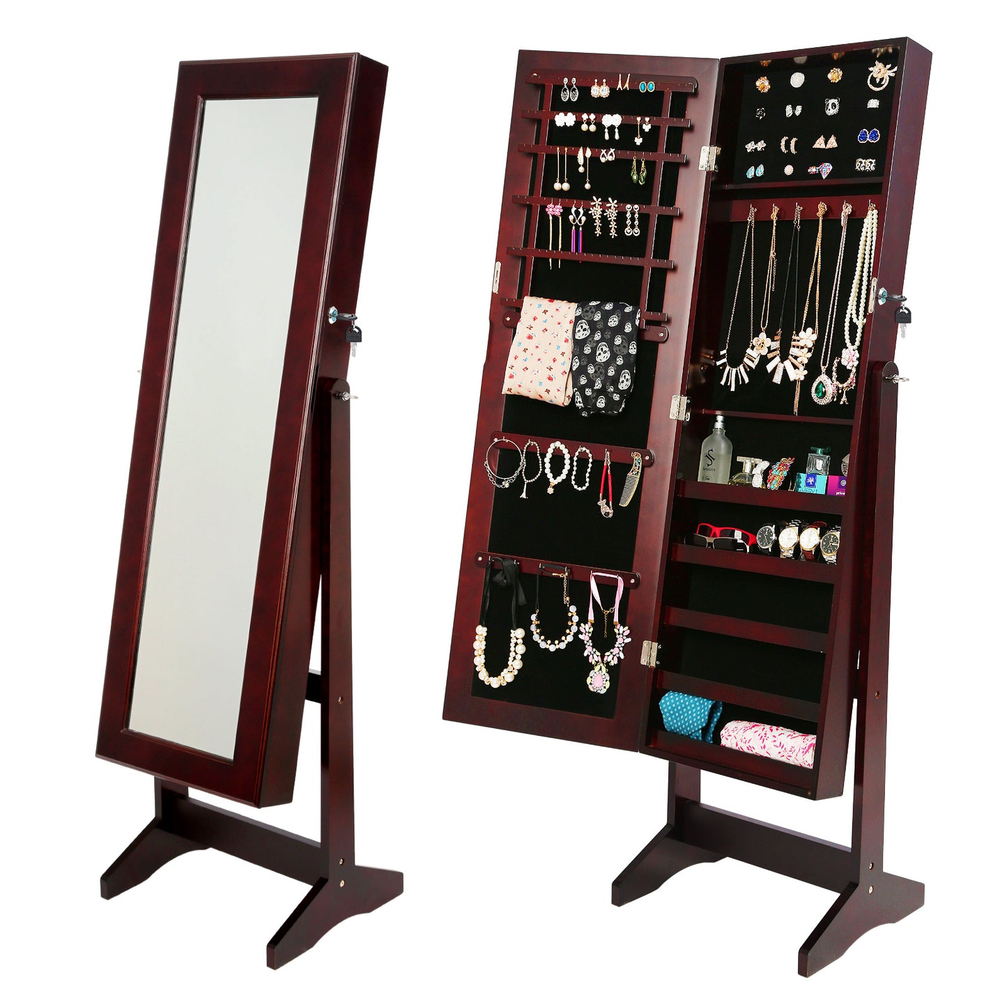 146cm Walnut Mirror Jewellery Cabinet Storage Organiser LUVO - image1