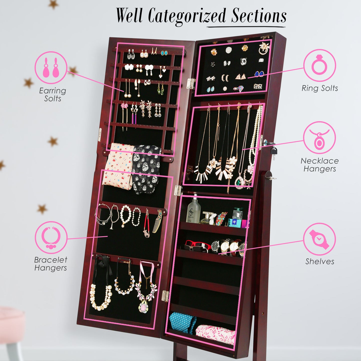 146cm Walnut Mirror Jewellery Cabinet Storage Organiser LUVO - image8