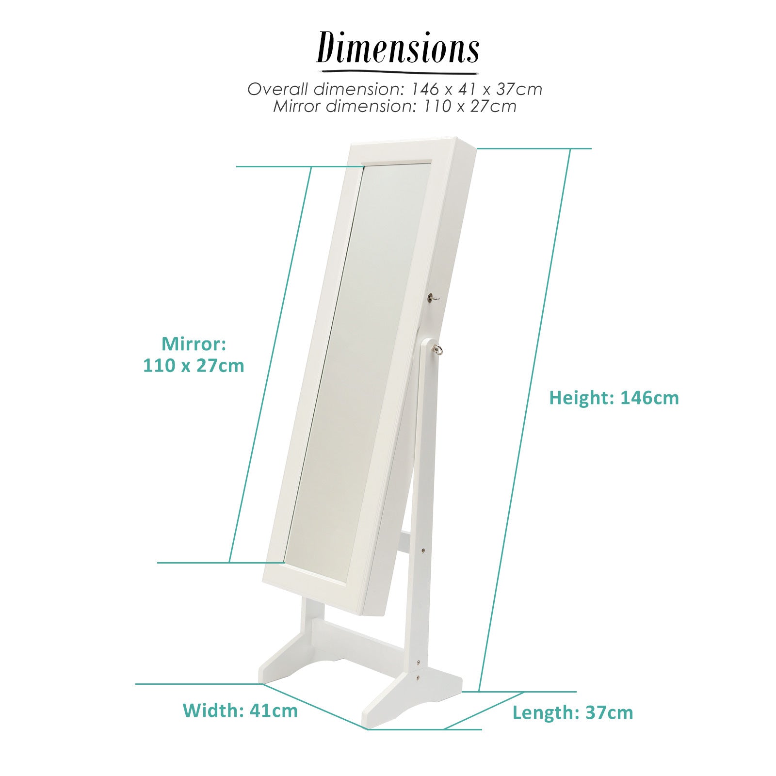 146cm White Mirror Jewellery Cabinet Storage Organiser LUVO - image12