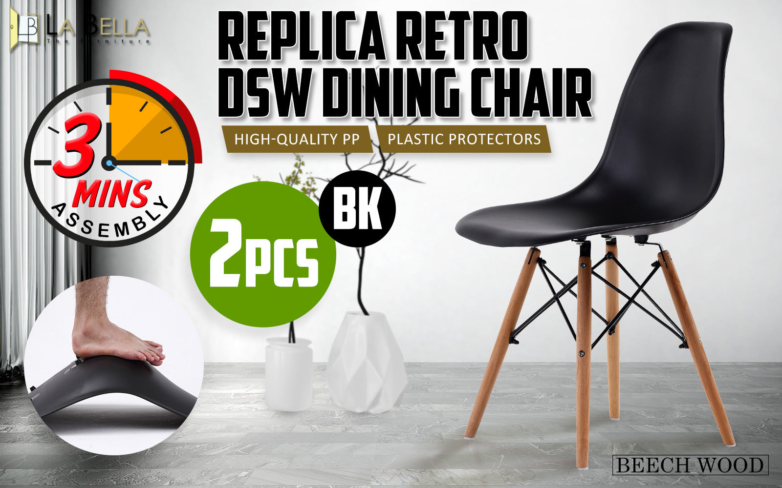 2 Set Black Retro Dining Cafe Chair DSW PP - image2