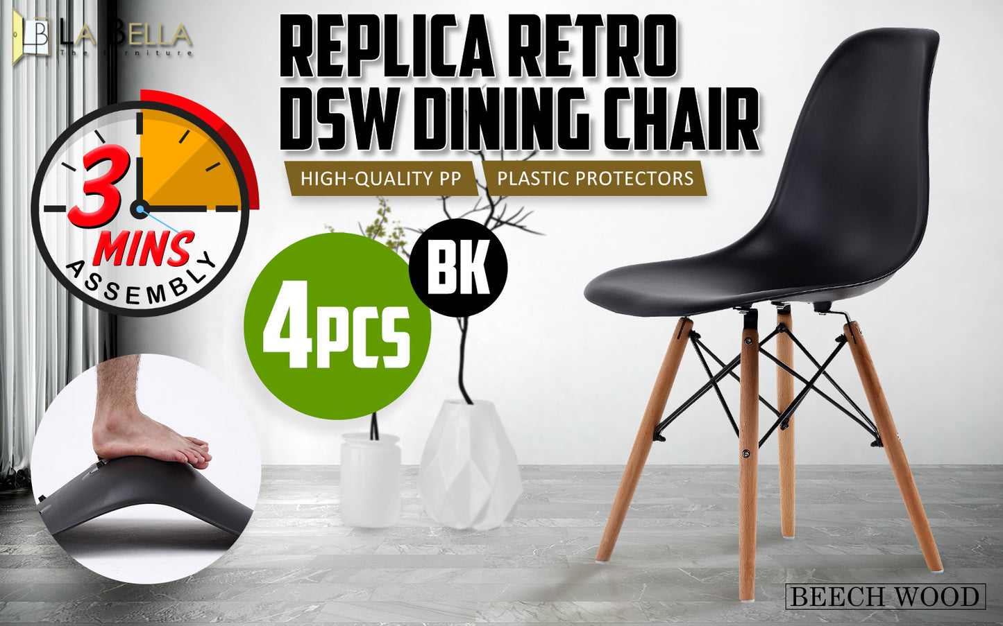 4 Set Black Retro Dining Cafe Chair DSW PP - image2