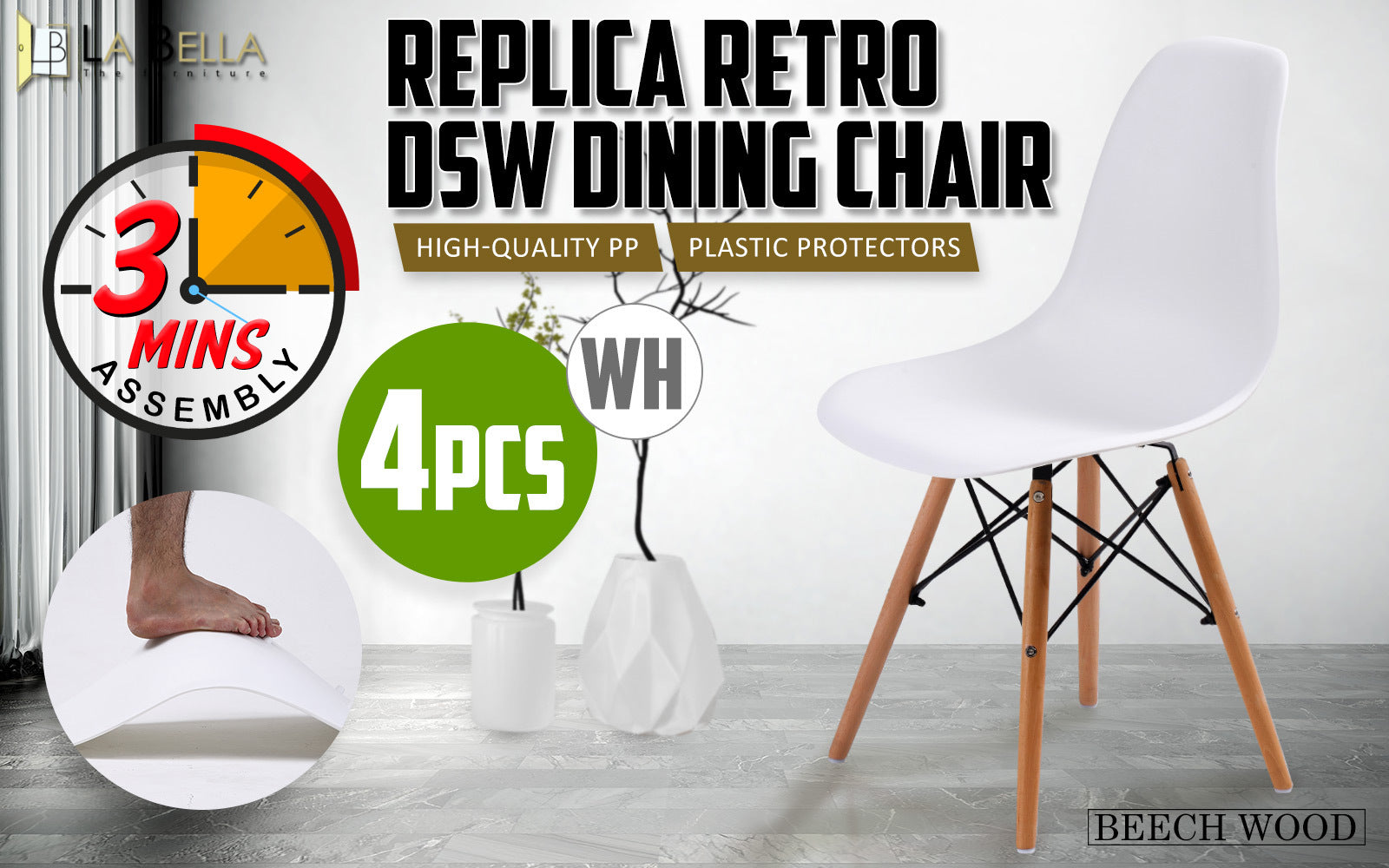 4 Set White Retro Dining Cafe Chair DSW PP - image2