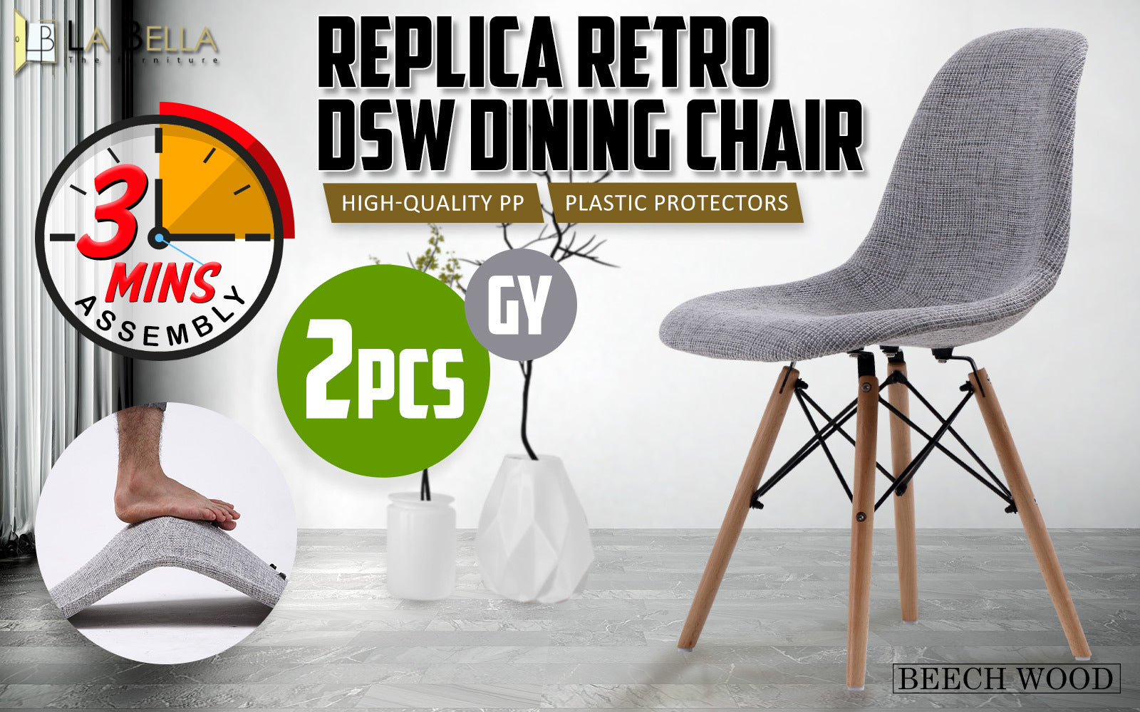 2 Set Grey Retro Dining Cafe Chair DSW Fabric - image2