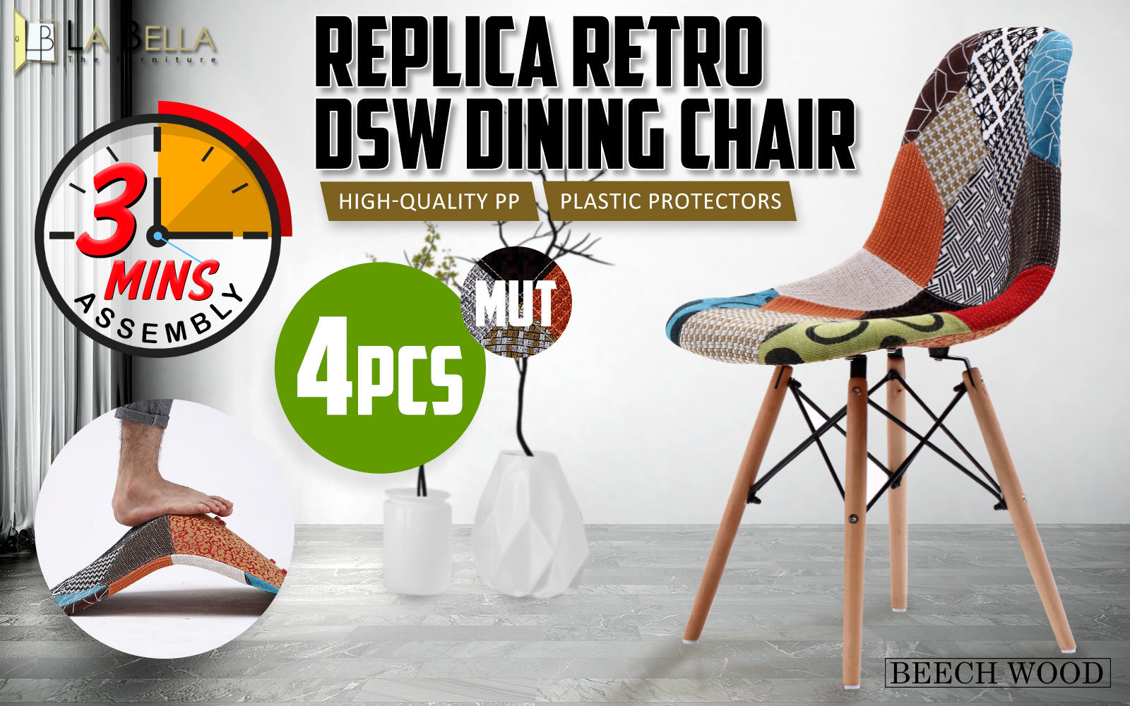 4 Set Multi Colour Retro Dining Cafe Chair DSW Fabric - image2