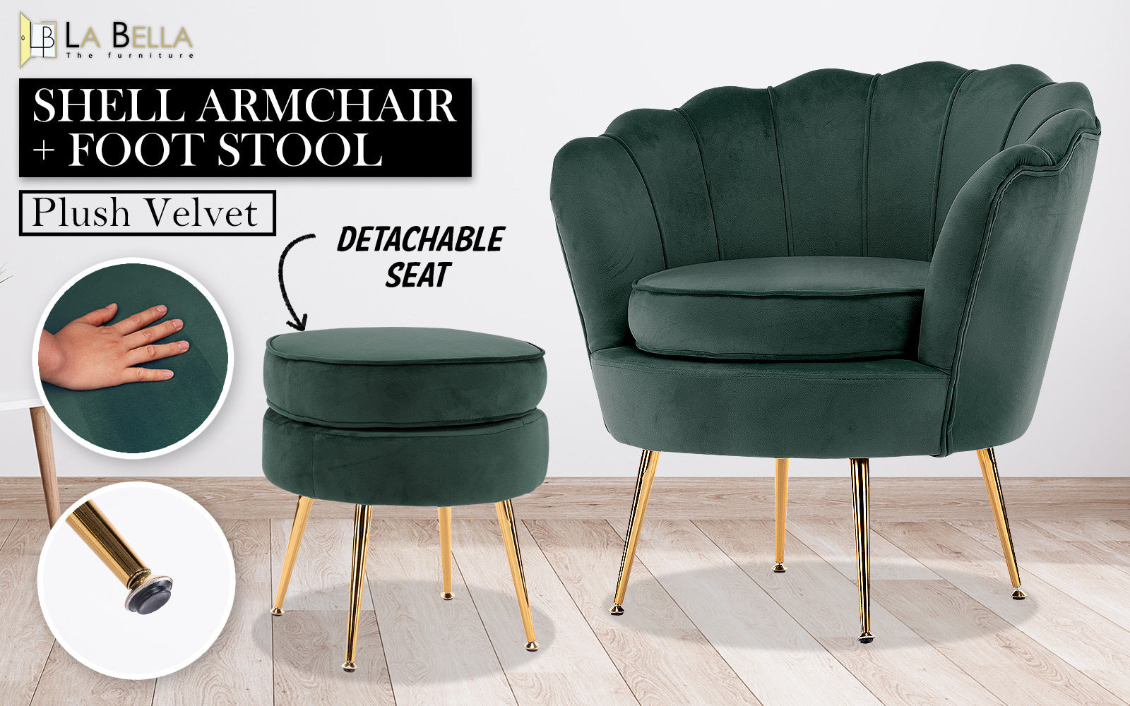 Shell Scallop Green Armchair Accent Chair Velvet + Round Ottoman Footstool - image2