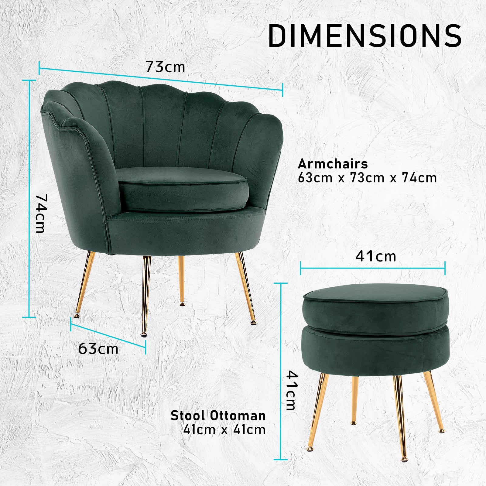 Shell Scallop Green Armchair Accent Chair Velvet + Round Ottoman Footstool - image12