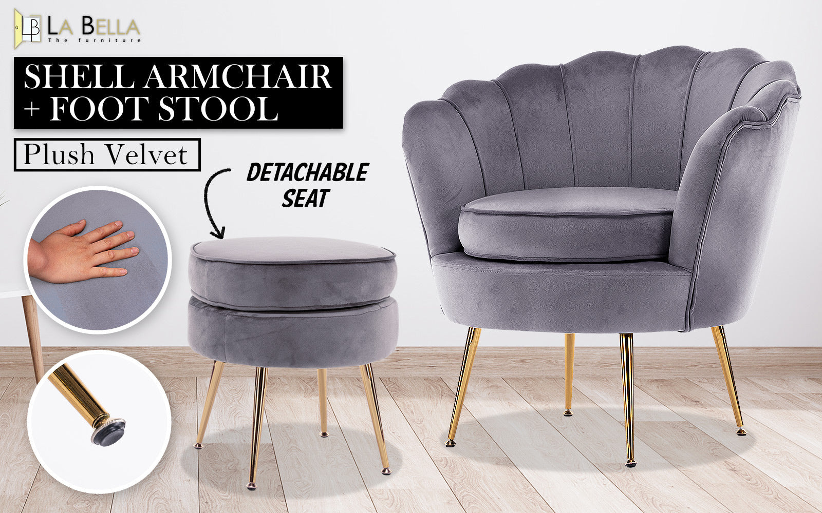 Shell Scallop Grey Armchair Accent Chair Velvet + Round Ottoman Footstool - image2