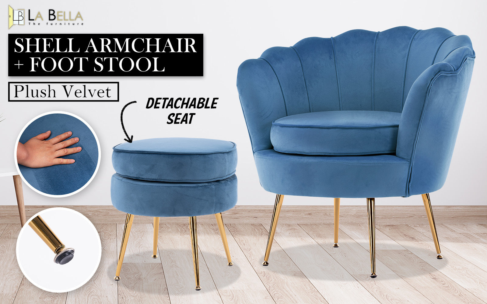 Shell Scallop Navy Blue Armchair Accent Chair Velvet + Round Ottoman Footstool - image2