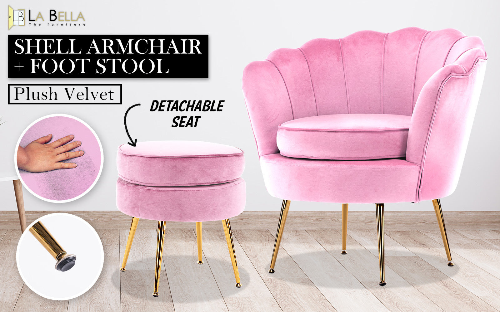 Shell Scallop Pink Armchair Accent Chair Velvet + Round Ottoman Footstool - image2