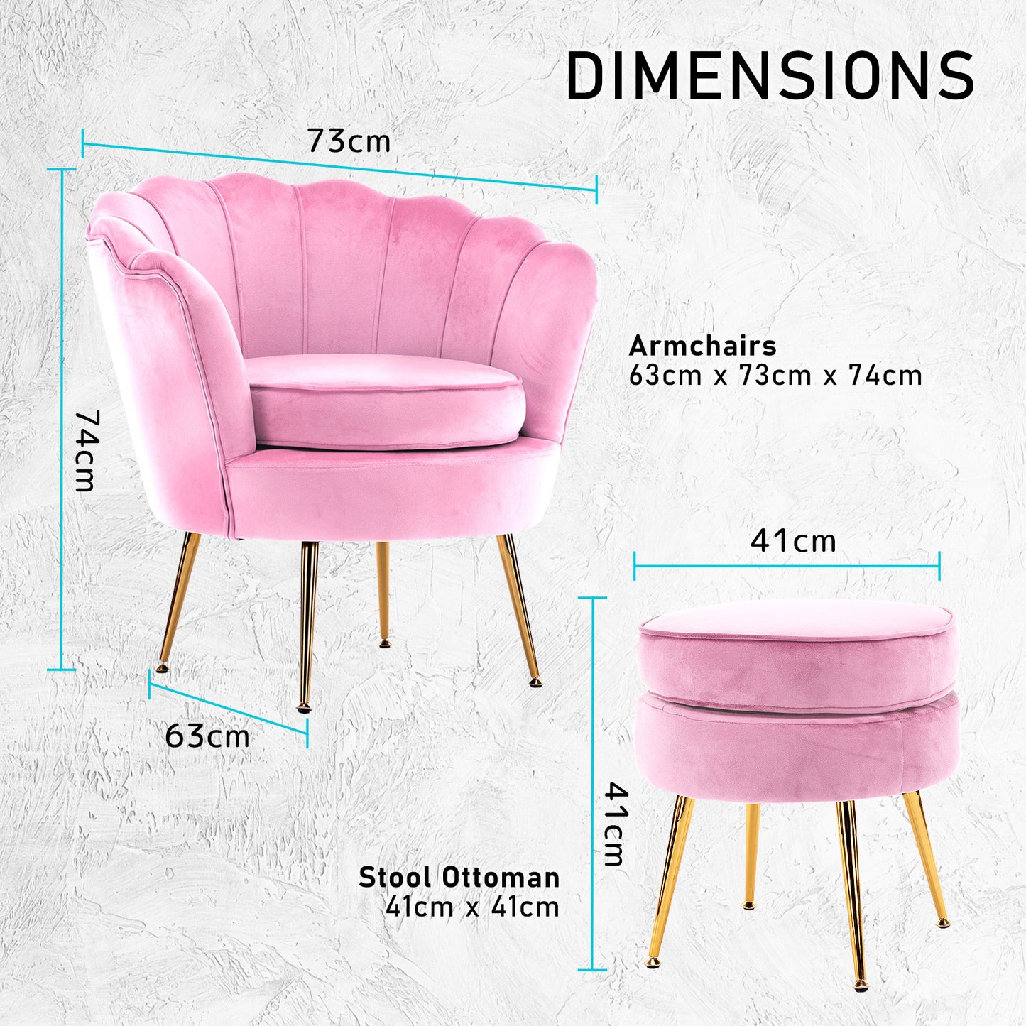 Shell Scallop Pink Armchair Accent Chair Velvet + Round Ottoman Footstool - image12