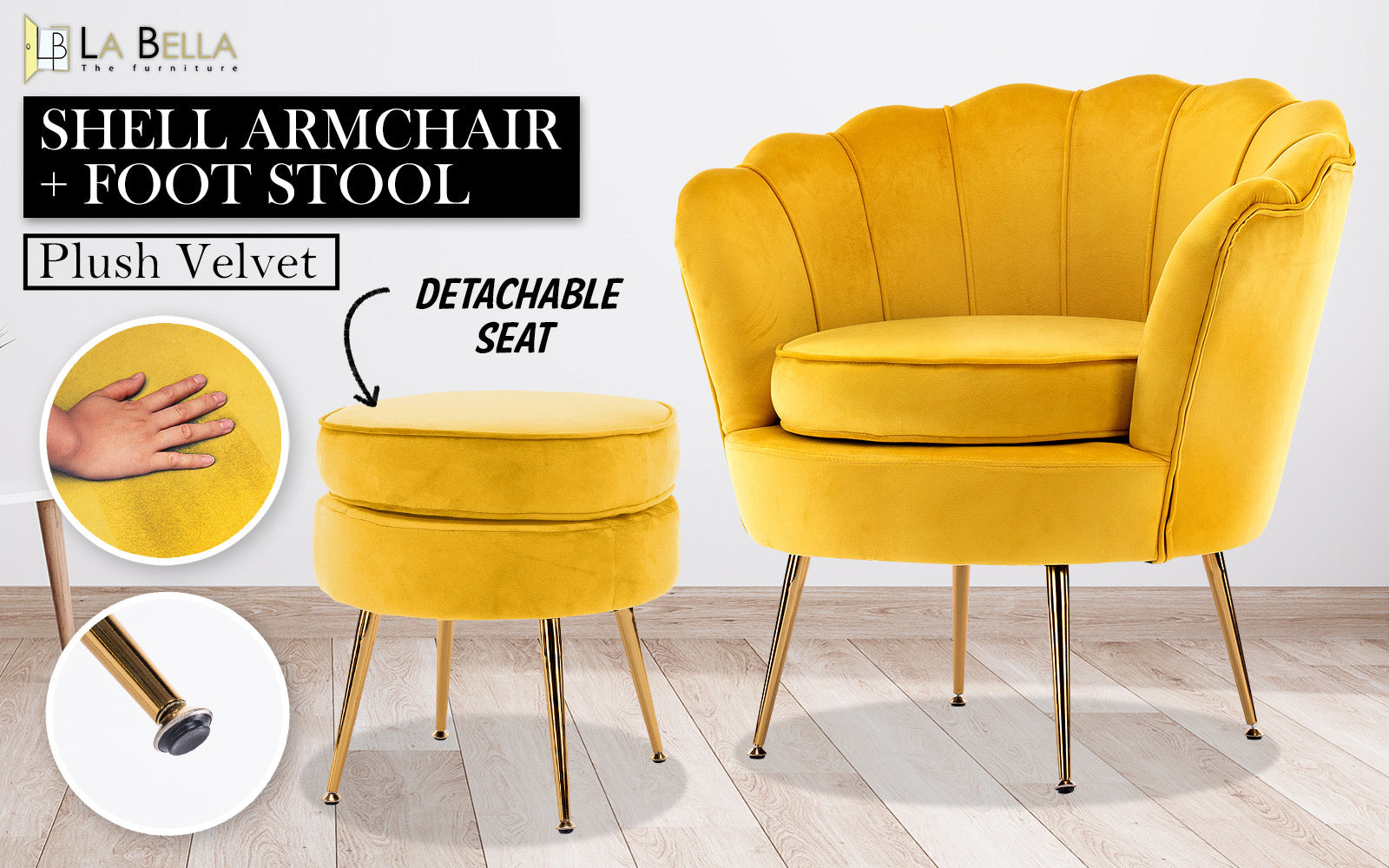 Shell Scallop Yellow Armchair Accent Chair Velvet + Round Ottoman Footstool - image2