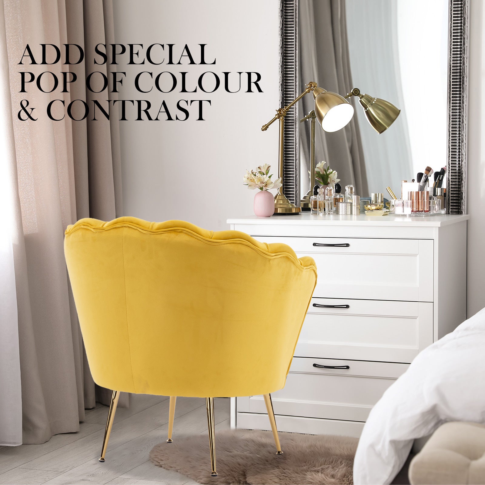 Shell Scallop Yellow Armchair Accent Chair Velvet + Round Ottoman Footstool - image5