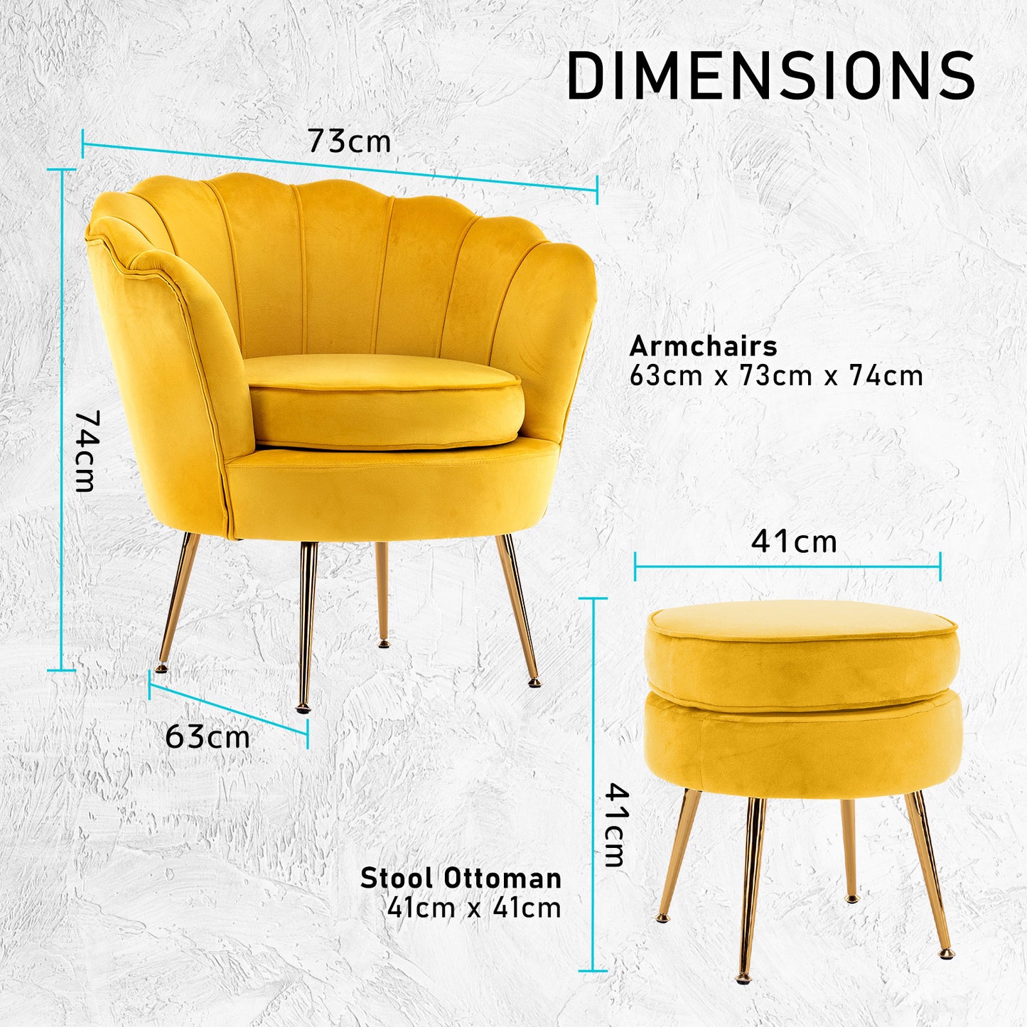 Shell Scallop Yellow Armchair Accent Chair Velvet + Round Ottoman Footstool - image12