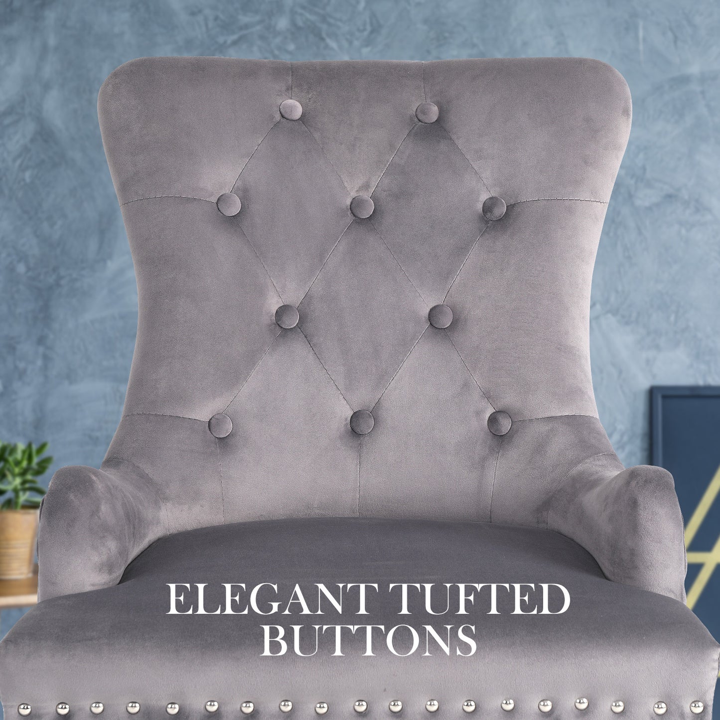 Grey French Provincial Dining Chair Ring Studded Lisse Velvet Rubberwood - image4