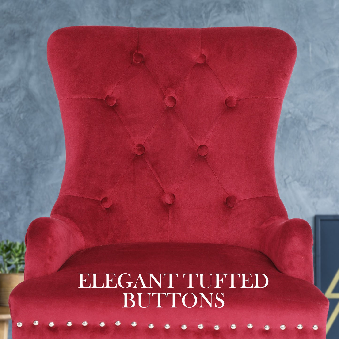 Red French Provincial Dining Chair Ring Studded Lisse Velvet Rubberwood - image4