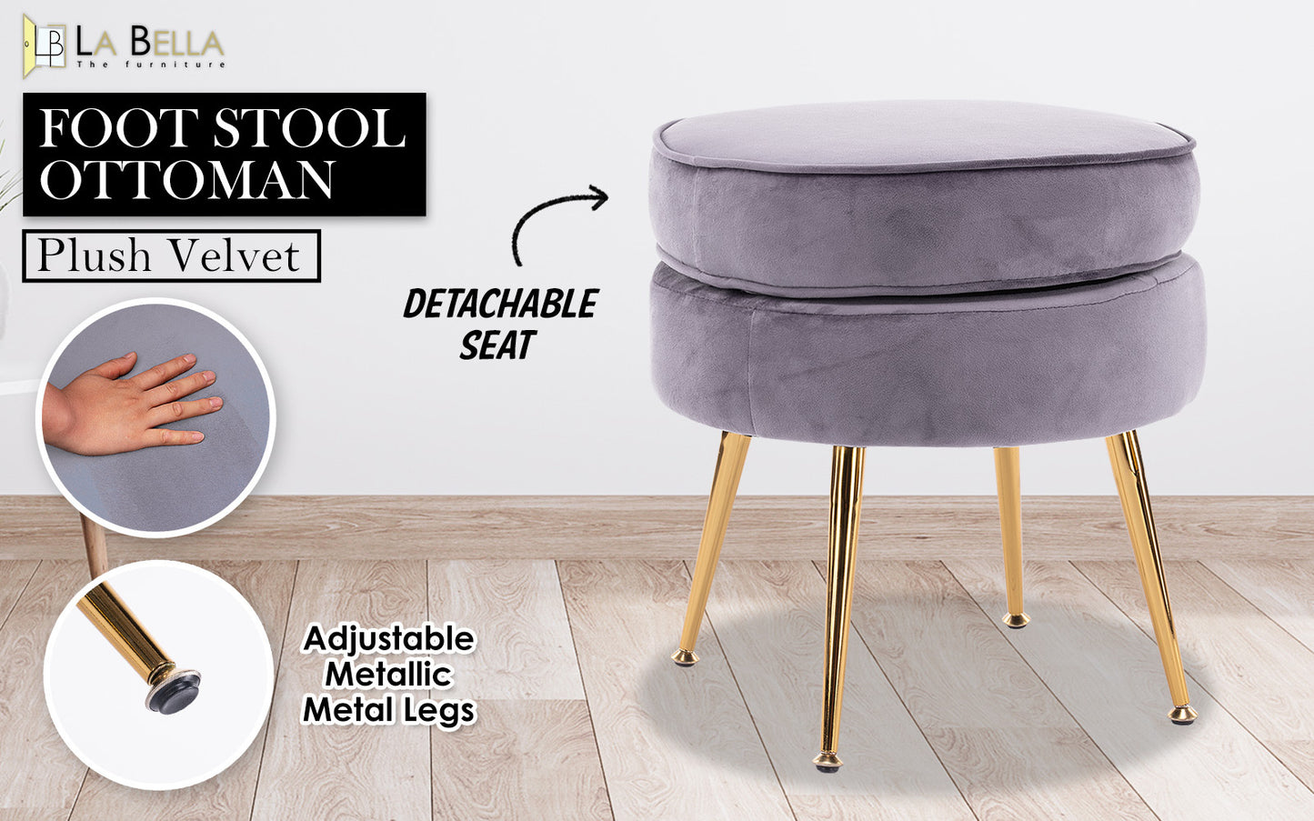 Grey Round Ottoman Foot Stool Velvet Fabric Metal Leg - image2