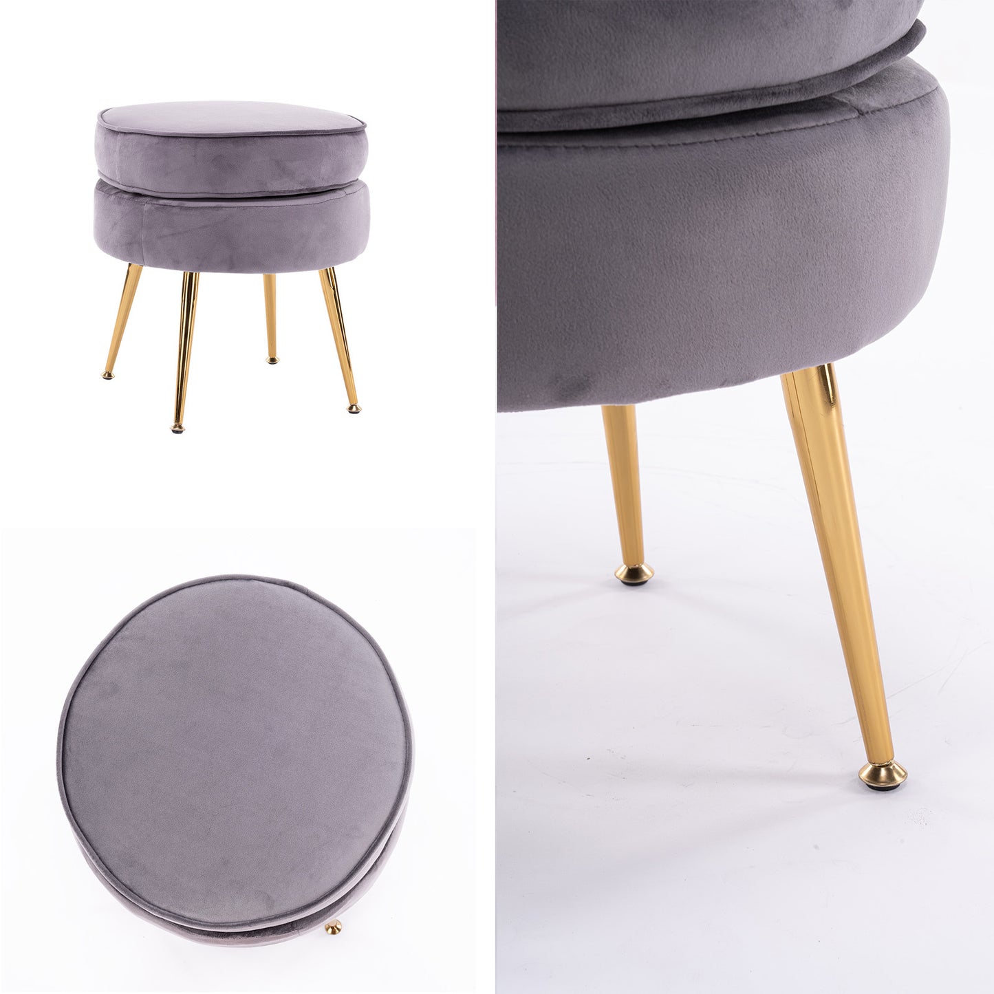 Grey Round Ottoman Foot Stool Velvet Fabric Metal Leg - image3