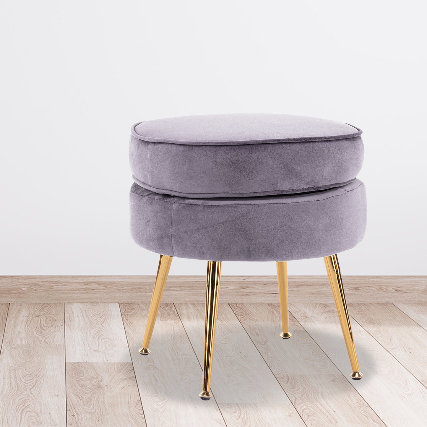 Grey Round Ottoman Foot Stool Velvet Fabric Metal Leg - image10