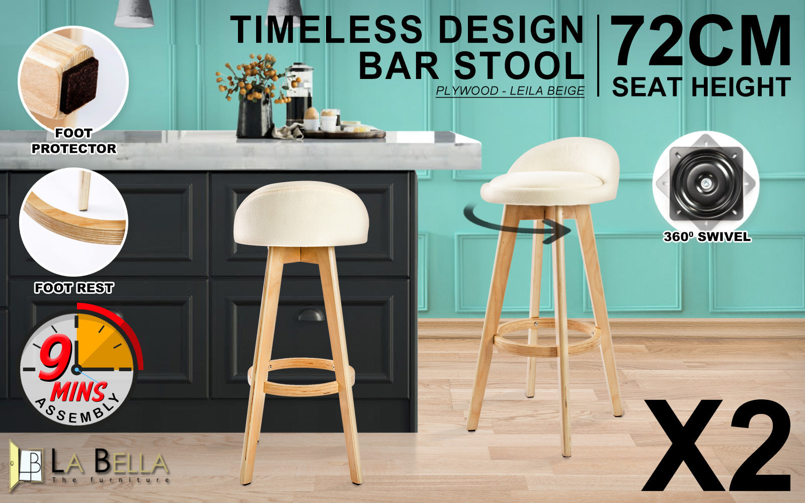 2 Set 72cm Beige Wooden Bar Stool Leila Fabric - image2