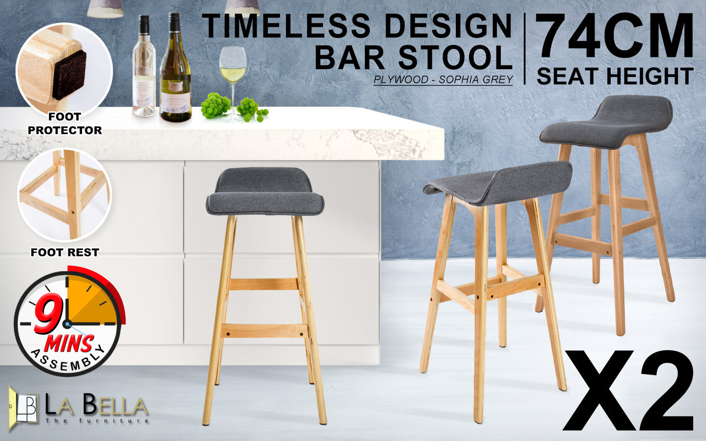 2 Set 74cm Grey Wooden Bar Stool Sophia Fabric - image2